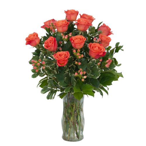 Orange Roses and Berries Vase